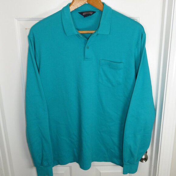 Vintage Lands' End Men's LG (42-44) Polo Shirt L/S Pocket Made in USA Teal - Picture 1 of 5